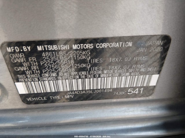 Aukcja sprzedaży 2020 Mitsubishi Outlander Le 2.4, vin: JA4AD3A35LJ001494, numer aukcji: 45584785