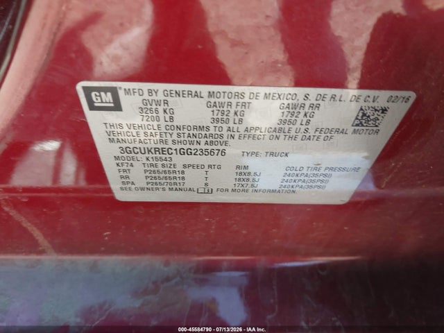 Aukcja sprzedaży 2016 Chevrolet Silverado 1500 Lt, vin: 3GCUKREC1GG235676, numer aukcji: 45584790