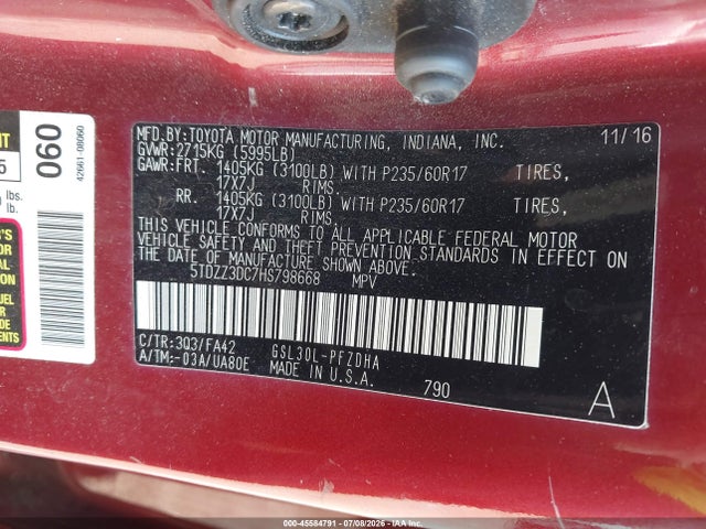 Aukcja sprzedaży 2017 Toyota Sienna L 7 Passenger, vin: 5TDZZ3DC7HS798668, numer aukcji: 45584791