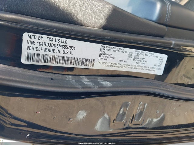 45584819 :رقم المزاد ، 1C4RDJDG6MC557931 vin ، 2021 Dodge Durango Gt Plus Awd مزاد بيع