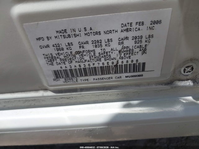 Продаж на аукціоні авто 2006 Mitsubishi Galant Es/se, vin: 4A3AB36F76E058806, номер лоту: 45584832