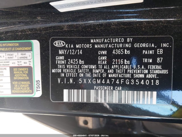 Продажа на аукционе авто 2015 Kia Optima Lx, vin: 5XXGM4A74FG354018, номер лота: 45584841