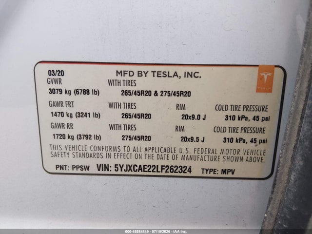 5YJXCAE22LF262324 Tesla Model X Long Range Dual Motor All-wheel Drive/long Range Plus Dual Motor All-wheel Drive