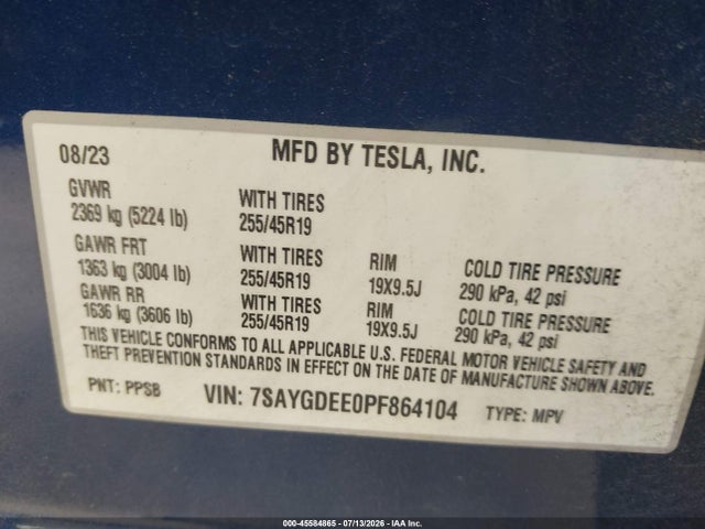 45584865 :رقم المزاد ، 7SAYGDEE0PF864104 vin ، 2023 Tesla Model Y Awd/long Range Dual Motor All-wheel Drive مزاد بيع