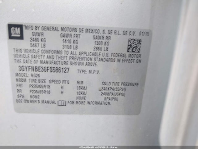 45584868 :رقم المزاد ، 3GYFNBE36FS586127 vin ، 2015 Cadillac Srx Luxury Collection مزاد بيع