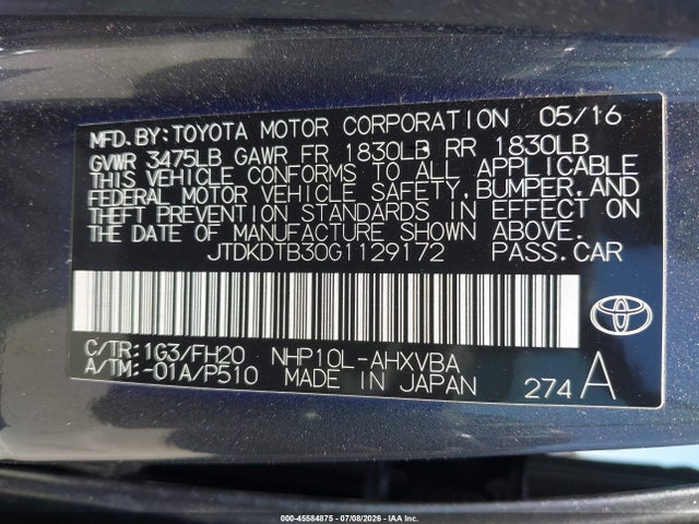 Продажа на аукционе авто 2016 Toyota Prius C One, vin: JTDKDTB30G1129172, номер лота: 45584875