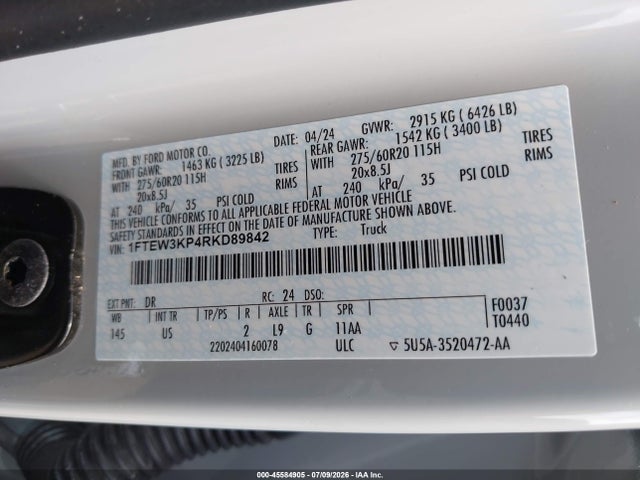 Aukcja sprzedaży 2024 Ford F-150 Xlt, vin: 1FTEW3KP4RKD89842, numer aukcji: 45584905
