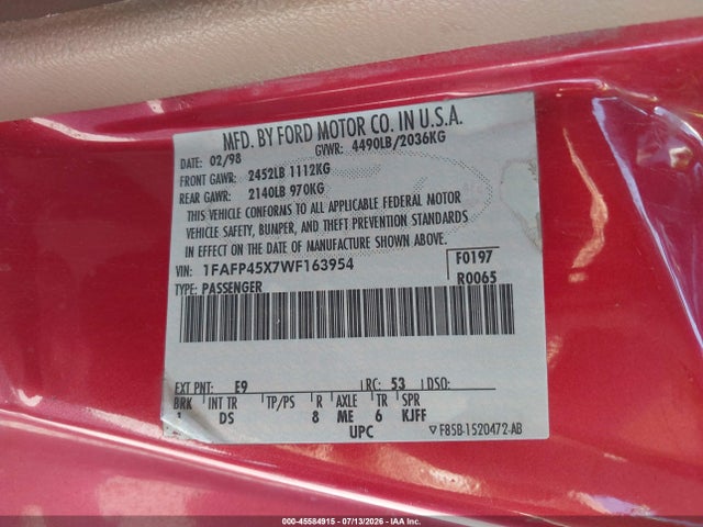 Продажа на аукционе авто 1998 Ford Mustang Gt, vin: 1FAFP45X7WF163954, номер лота: 45584915
