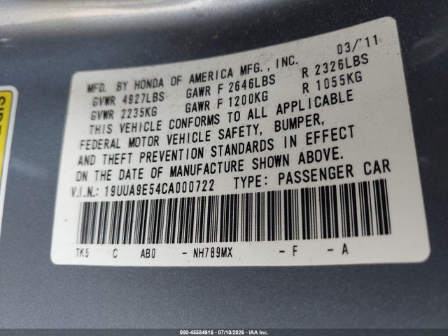 45584916 :رقم المزاد ، 19UUA9E54CA000722 vin ، 2012 Acura Tl 3.7 مزاد بيع