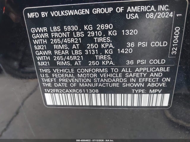 45584922 :رقم المزاد ، 1V2FR2CAXRC611308 vin ، 2024 Volkswagen Atlas 2.0t Sel Premium R-line مزاد بيع