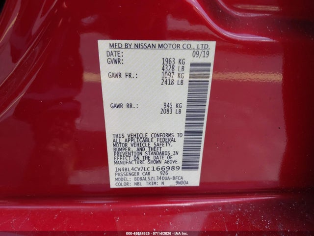 Продажа на аукционе авто 2020 Nissan Altima Sr Fwd, vin: 1N4BL4CV7LC166989, номер лота: 45584925