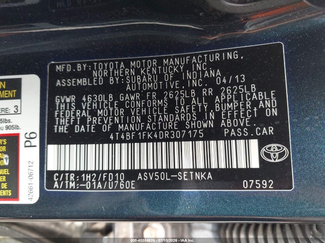 Aukcja sprzedaży 2013 Toyota Camry Le, vin: 4T4BF1FK4DR307175, numer aukcji: 45584926