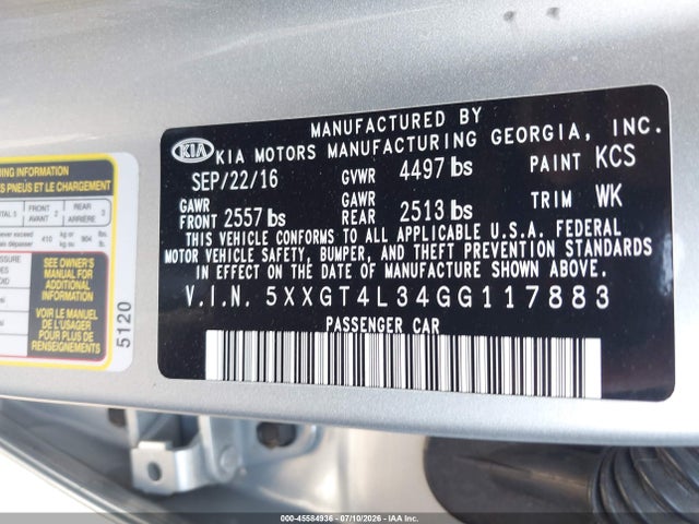 KIA Optima Lx 2016 5XXGT4L34GG117883 Image 9