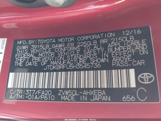 Toyota Prius Two 2017 JTDKBRFU5H3545736 Image 9