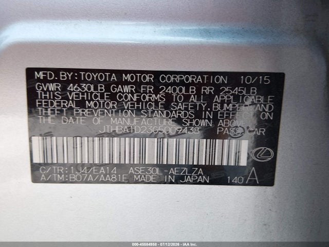 Auction sale of the 2016 Lexus Is 200t, vin: JTHBA1D23G5009438, lot number: 45584958