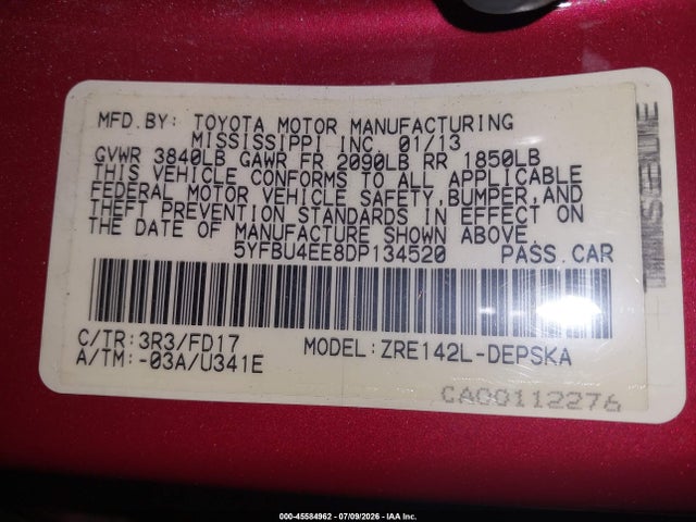 Aukcja sprzedaży 2013 Toyota Corolla S, vin: 5YFBU4EE8DP134520, numer aukcji: 45584962