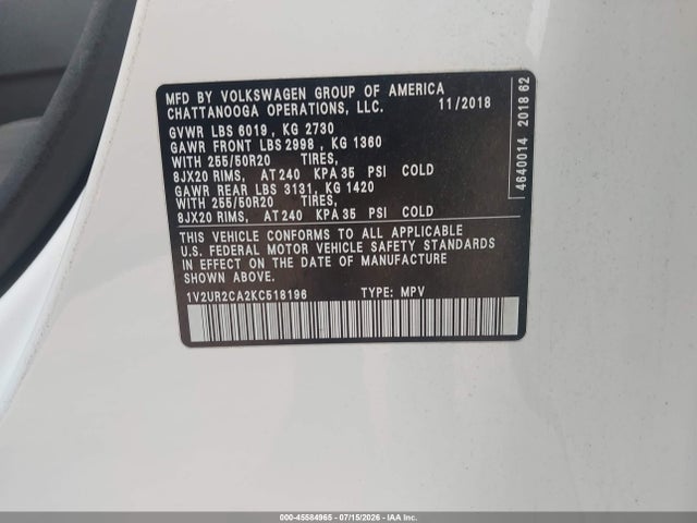 Продаж на аукціоні авто 2019 Volkswagen Atlas 3.6l V6 Se W/technology, vin: 1V2UR2CA2KC518196, номер лоту: 45584965
