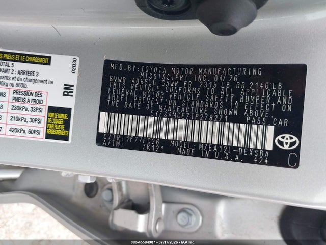 Продаж на аукціоні авто 2026 Toyota Corolla Se, vin: 5YFS4MCE7TP278271, номер лоту: 45584987