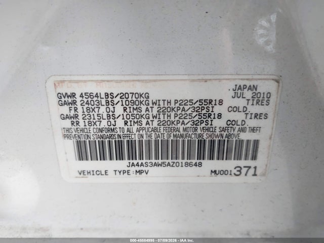 45584995 :رقم المزاد ، JA4AS3AW5AZ018648 vin ، 2010 Mitsubishi Outlander Se مزاد بيع