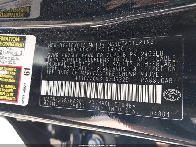 Продажа на аукционе авто 2026 Toyota Camry Le, vin: 4T1DAACK3TU736229, номер лота: 45584998