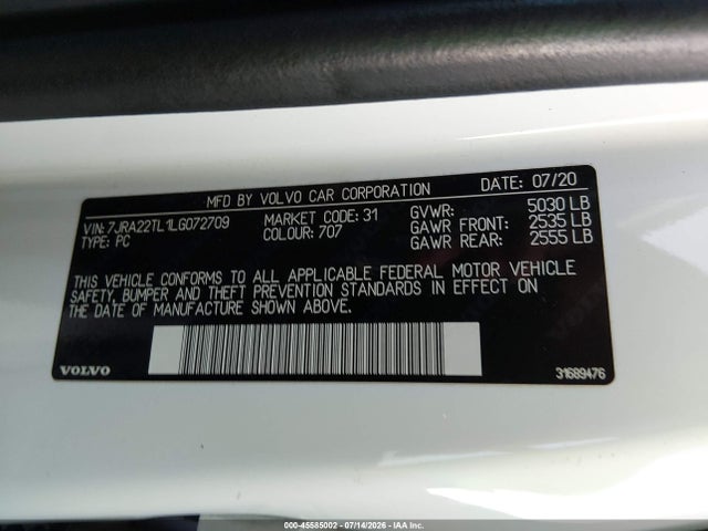 Продажа на аукционе авто 2020 Volvo S60 T6 Inscription, vin: 7JRA22TL1LG072709, номер лота: 45585002