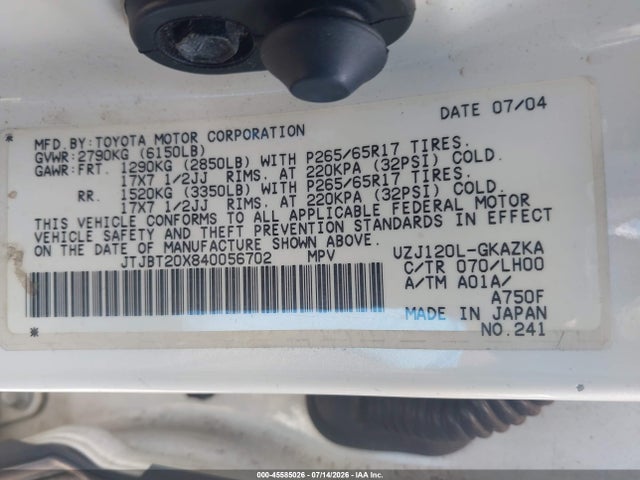 Aukcja sprzedaży 2004 Lexus Gx 470, vin: JTJBT20X840056702, numer aukcji: 45585026
