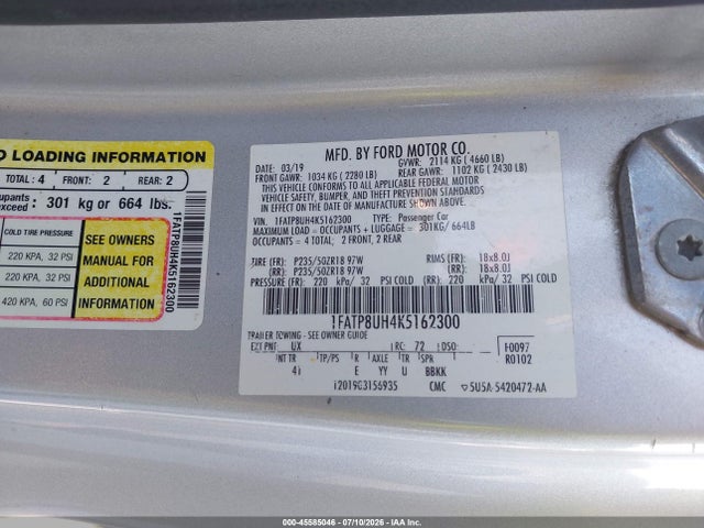 Auction sale of the 2019 Ford Mustang Ecoboost Premium, vin: 1FATP8UH4K5162300, lot number: 45585046