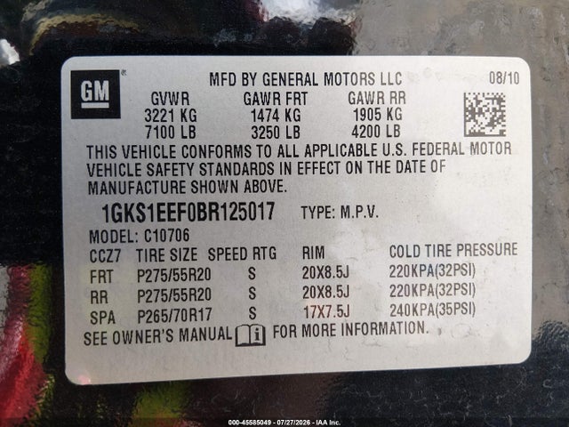 2011 Gmc Yukon Denali მანქანა იყიდება აუქციონზე, vin: 1GKS1EEF0BR125017, აუქციონის ნომერი: 45585049