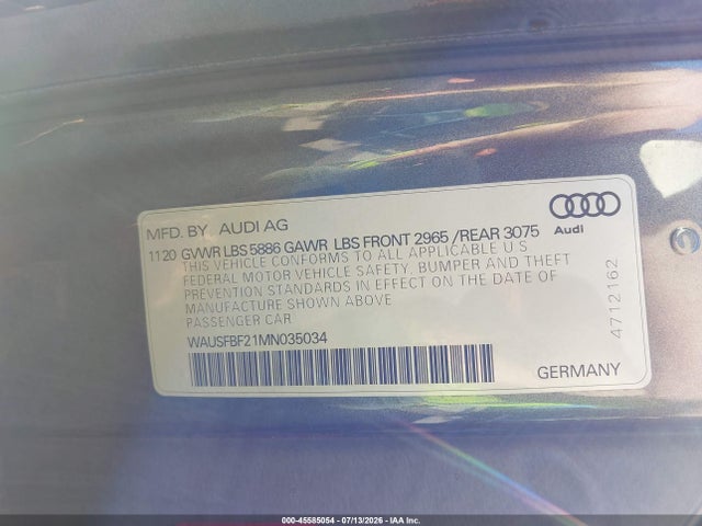 45585054 :رقم المزاد ، WAUSFBF21MN035034 vin ، 2021 Audi S7 Sportback Prestige Tfsi Quattro Tiptronic مزاد بيع