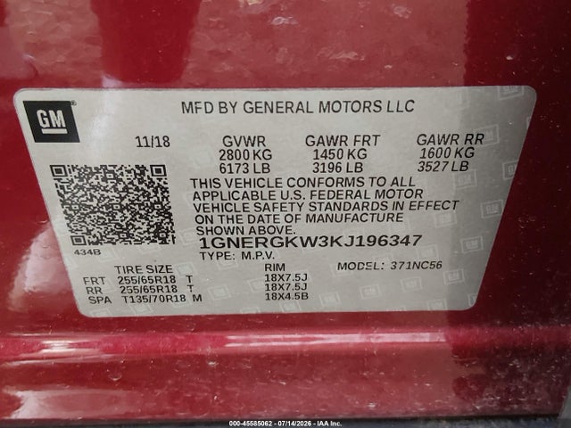 1GNERGKW3KJ196347 Chevrolet Traverse 1lt