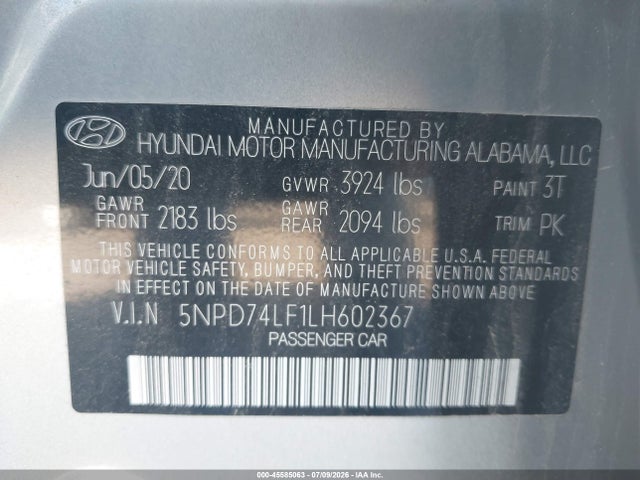 5NPD74LF1LH602367 Hyundai ELANTRA SE
