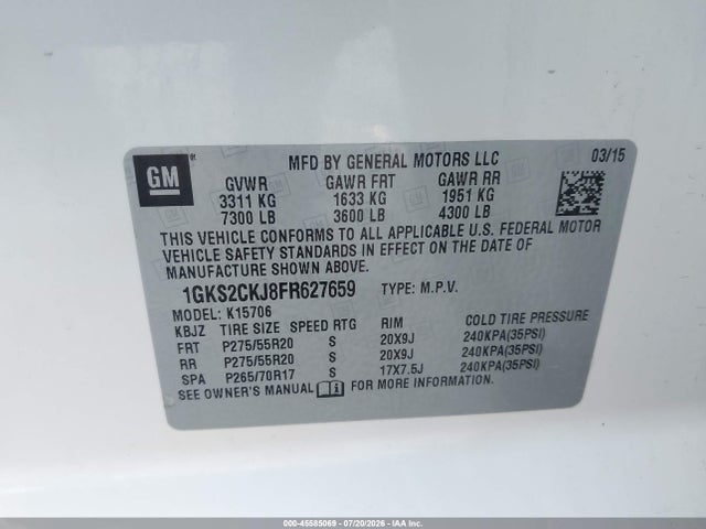 2015 Gmc Yukon Denali მანქანა იყიდება აუქციონზე, vin: 1GKS2CKJ8FR627659, აუქციონის ნომერი: 45585069