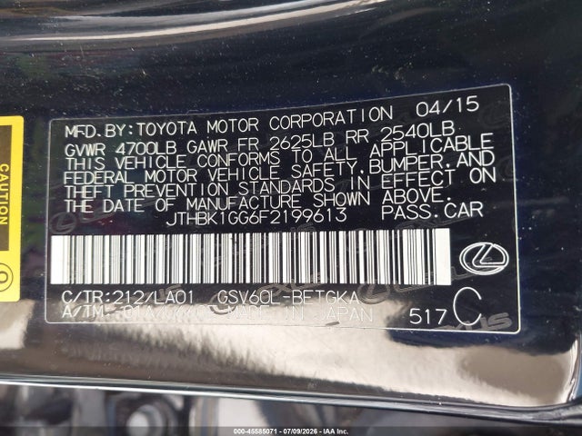 Aukcja sprzedaży 2015 Lexus Es 350, vin: JTHBK1GG6F2199613, numer aukcji: 45585071