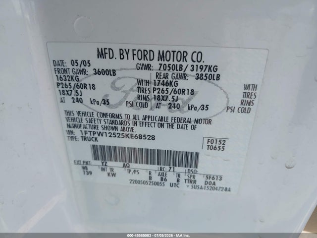Aukcja sprzedaży 2005 Ford F-150 Lariat/xlt, vin: 1FTPW12525KE68528, numer aukcji: 45585083