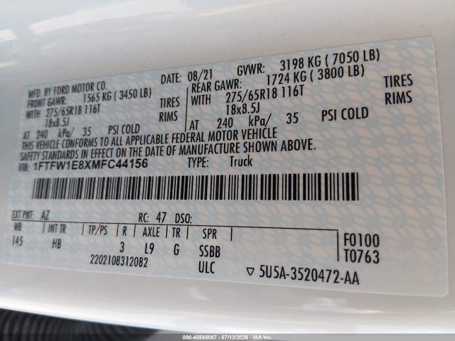 Ford F-150 Lariat 2021 1FTFW1E8XMFC44156 Image 9