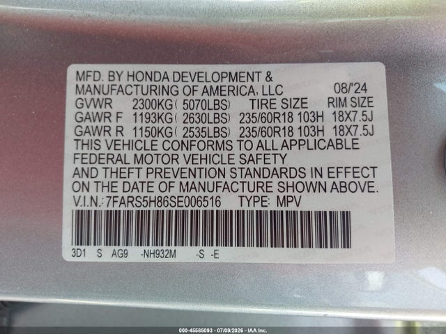 45585093 :رقم المزاد ، 7FARS5H86SE006516 vin ، 2025 Honda Cr-v Hybrid Sport-l مزاد بيع