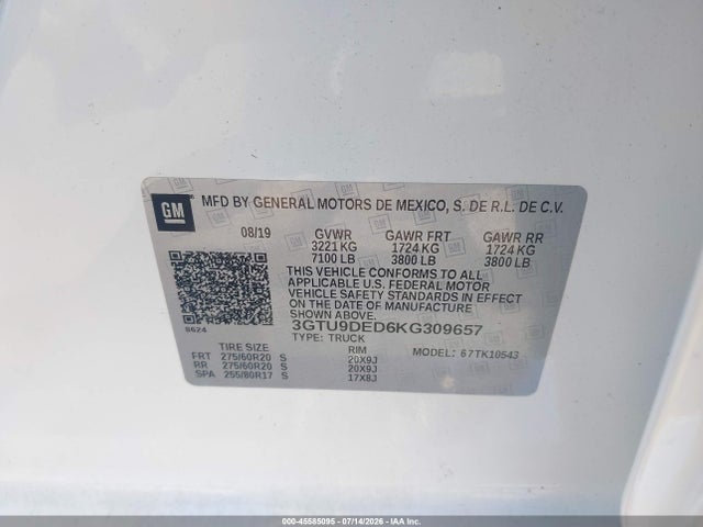 Aukcja sprzedaży 2019 Gmc Sierra 1500 Slt, vin: 3GTU9DED6KG309657, numer aukcji: 45585095