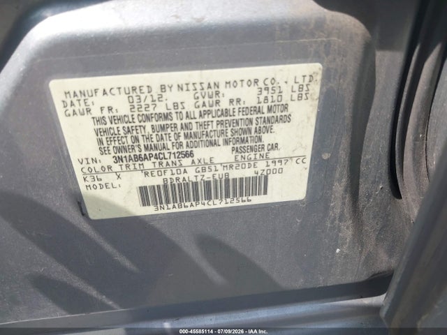 45585114 :رقم المزاد ، 3N1AB6AP4CL712566 vin ، 2012 Nissan Sentra 2.0 S مزاد بيع
