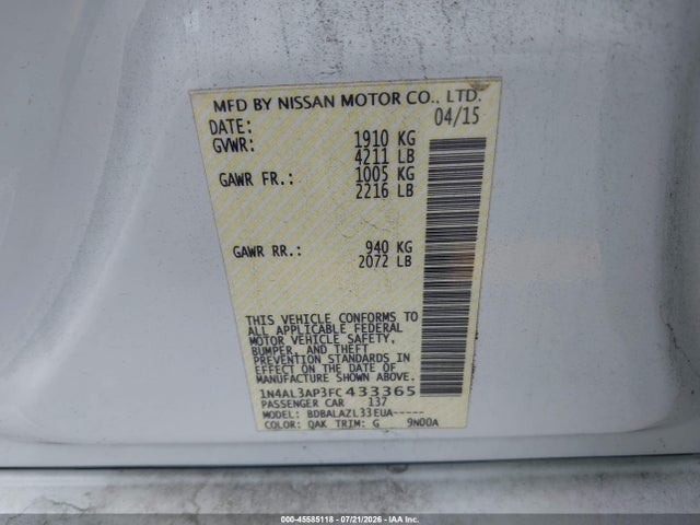 Nissan ALTIMA 2.5 2015 1N4AL3AP3FC433365 Image 9