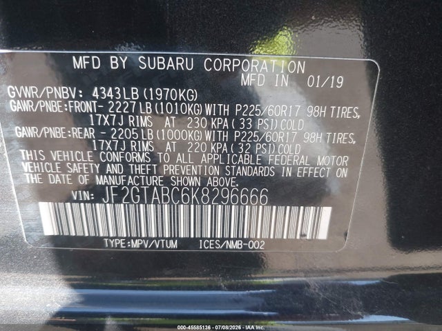 Продажа на аукционе авто 2019 Subaru Crosstrek 2.0i, vin: JF2GTABC6K8296666, номер лота: 45585136