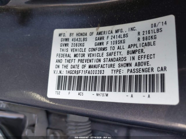 1HGCR6F71FA000393 Honda Accord Hybrid Touring