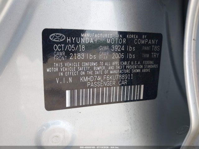 KMHD74LF6KU788911 Hyundai ELANTRA SE
