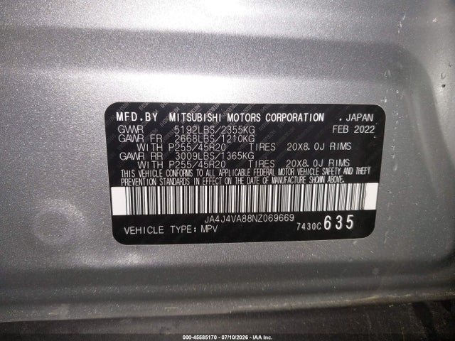 Aukcja sprzedaży 2022 Mitsubishi Outlander Sel 2.5 S-awc/sel Launch Edition S-awc/sel Special Edition S-awc, vin: JA4J4VA88NZ069669, numer aukcji: 45585170
