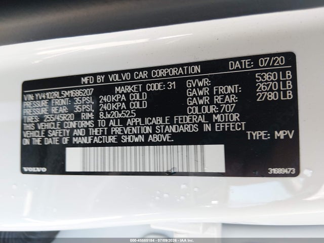 45585184 :رقم المزاد ، YV4102RL5M1686207 vin ، 2021 Volvo Xc60 T5 Inscription مزاد بيع