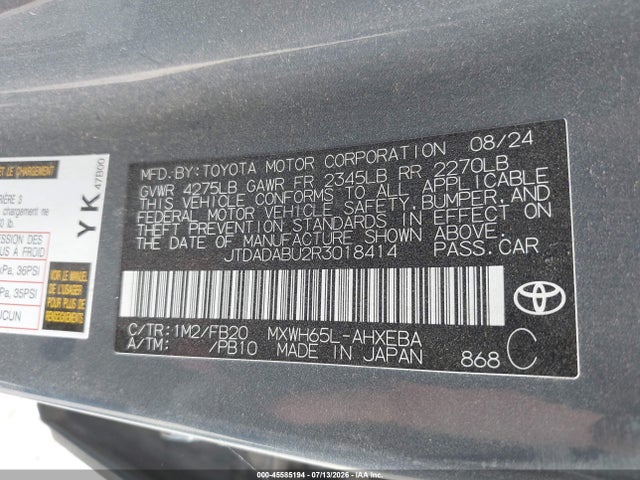 2024 Toyota Prius Le Awd-e მანქანა იყიდება აუქციონზე, vin: JTDADABU2R3018414, აუქციონის ნომერი: 45585194