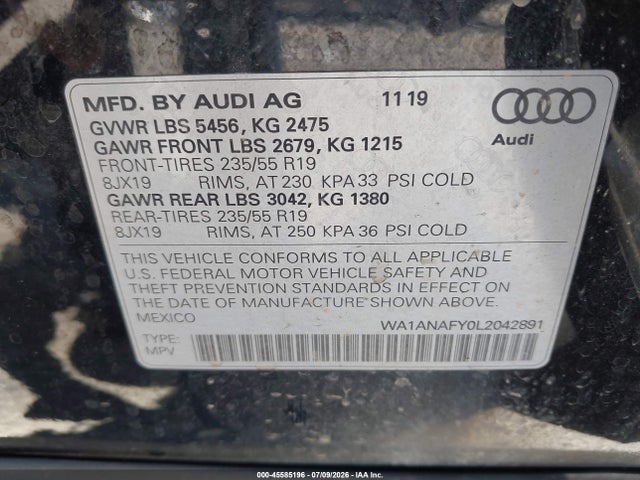 Продажа на аукционе авто 2020 Audi Q5 Premium 45 Tfsi Quattro S Tronic, vin: WA1ANAFY0L2042891, номер лота: 45585196