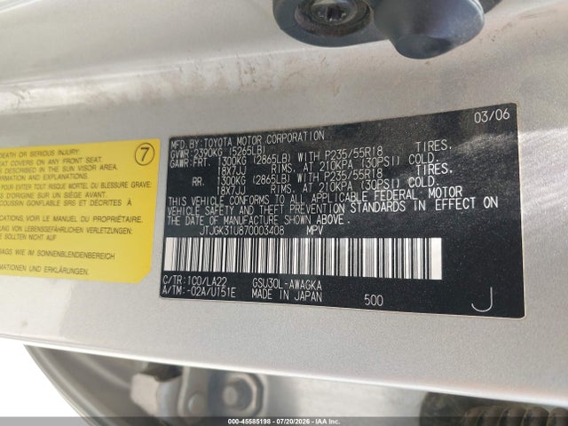 Aukcja sprzedaży 2007 Lexus Rx 350, vin: JTJGK31U870003408, numer aukcji: 45585198