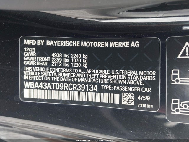 2024 Bmw 430i Xdrive მანქანა იყიდება აუქციონზე, vin: WBA43AT09RCR39134, აუქციონის ნომერი: 45585206
