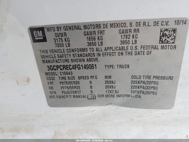 45585220 :رقم المزاد ، 3GCPCREC4FG149061 vin ، 2015 Chevrolet Silverado 1500 Lt مزاد بيع