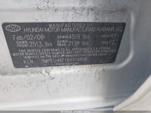 45585226 :رقم المزاد ، 5NPEU46F16H114856 vin ، 2006 Hyundai Sonata Gls V6/lx V6 مزاد بيع